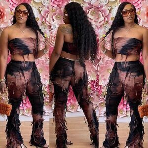Micas Distressed Brown & Black Two-Piece Set Crop‎ Top Pants Grunge Aesthetic S